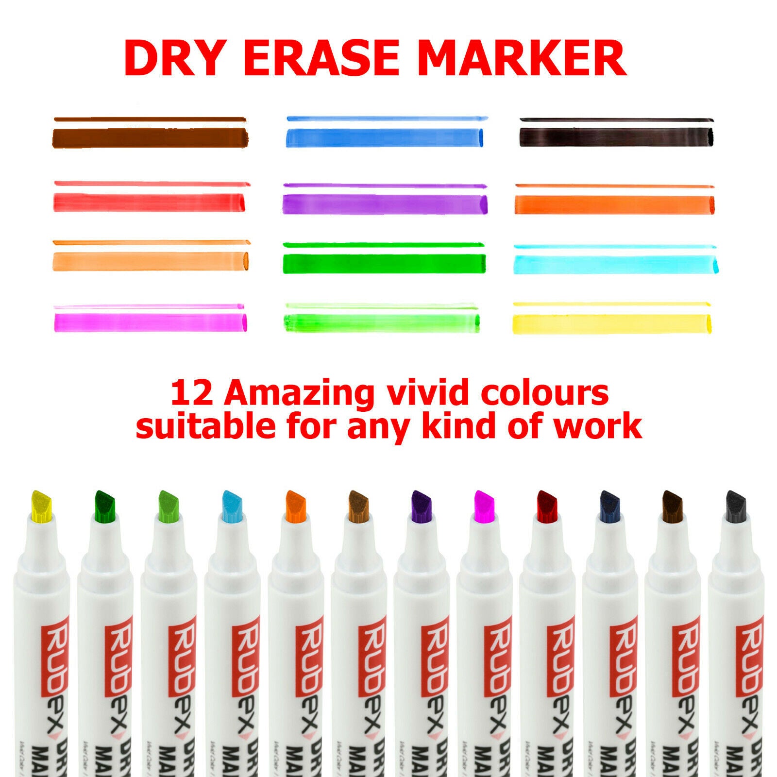 Dry Erase Markers Assorted Colors, Low Odor, Chisel Tip, Long Lasting Pack of 12
