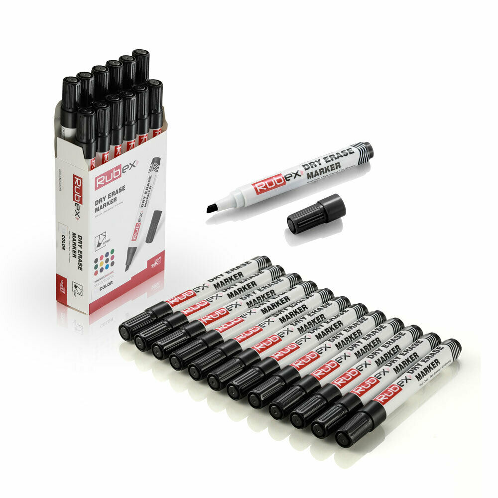 Dry Erase Markers Black Colors, Low Odor, Chisel Tip, Long Lasting Pack of 12